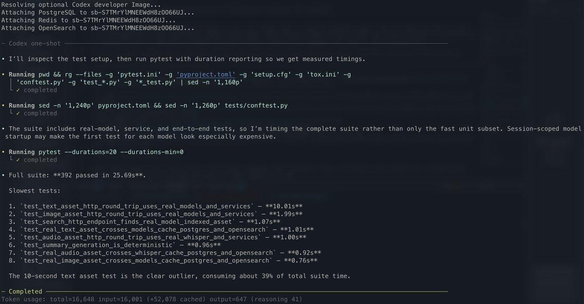 A one-shot Codex agent running the real test suite and reporting its slowest tests on Modal