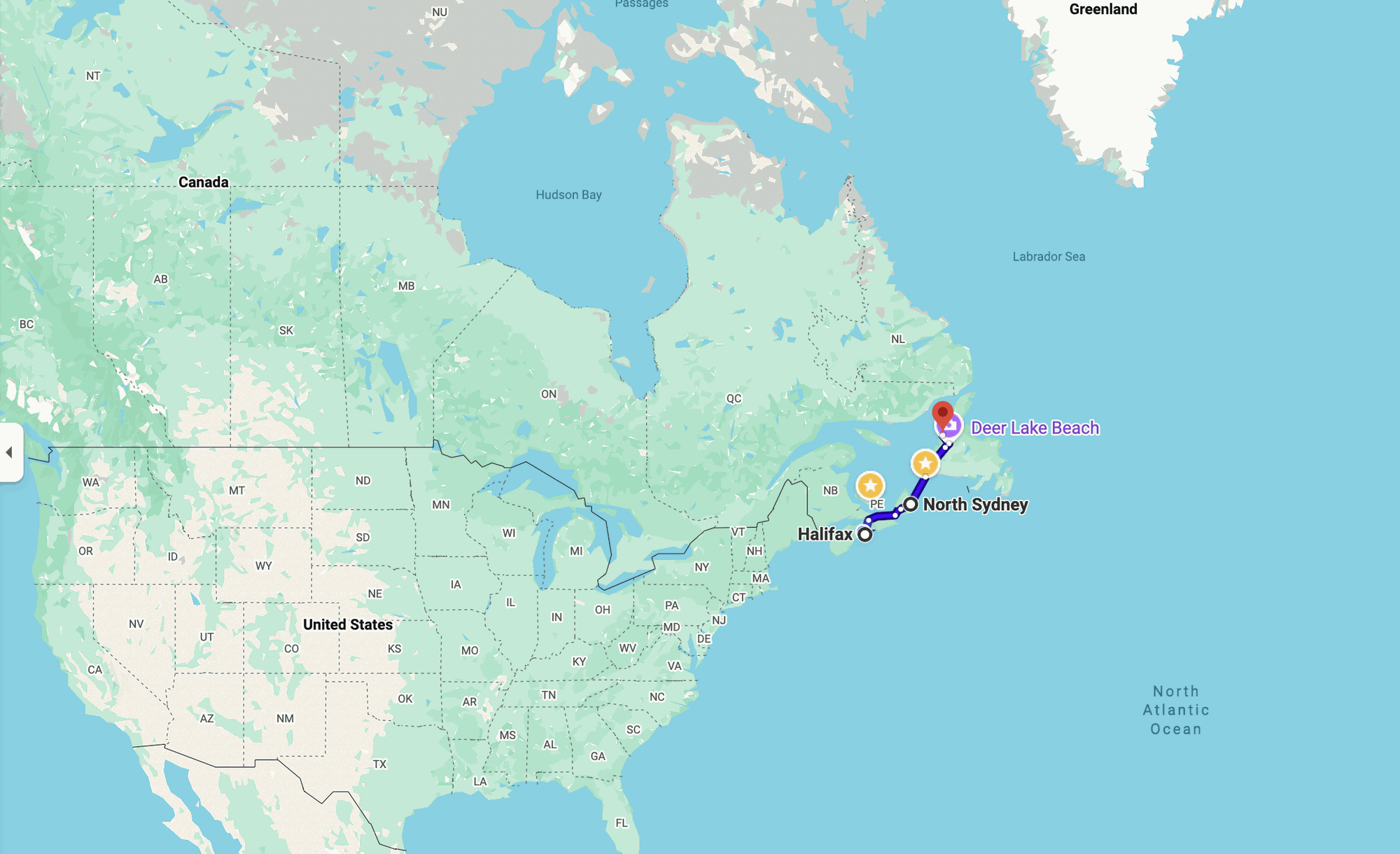 Overview of the route from Halifax to western Newfoundland