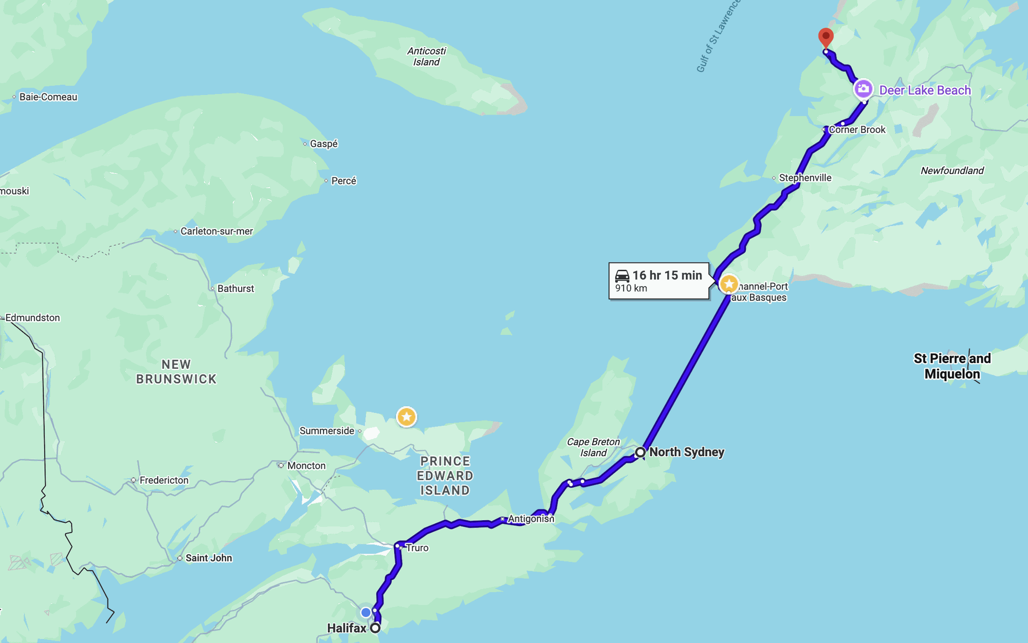 Driving and ferry route from Halifax to Deer Lake