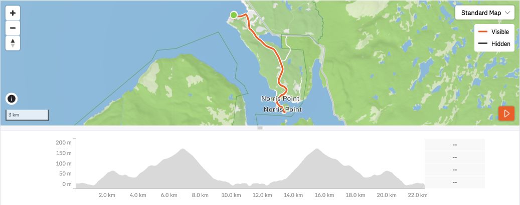 Map and elevation profile from the third Rocky Harbour bike ride