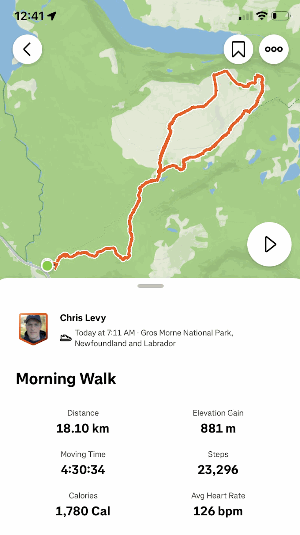 Strava summary from the Gros Morne hike