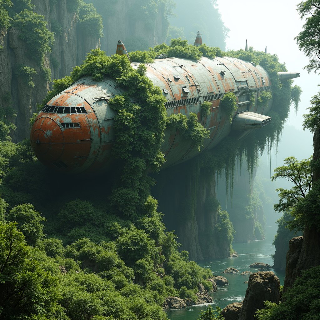This image depicts a futuristic, floating structure nestled within a lush, verdant landscape. The structure appears to be an abandoned or repurposed aircraft, possibly a large jet or a military transport plane, given its size and shape. The aircraft has been partially integrated into the natural environment, with vines and other greenery growing over its surface, suggesting a long period of disuse or abandonment. The aircraft is suspended in mid-air, supported by unseen technology or infrastructure that is not visible in the image. The surrounding area is dense with greenery, including trees, bushes, and other vegetation, creating a sense of harmony between the man-made structure and the natural world. The landscape below the aircraft features a river or stream, flanked by rocky cliffs and dense foliage, adding to the serene and almost otherworldly atmosphere of the scene. The overall color palette is dominated by greens and browns, with the aircraft's rusted metal adding a touch of industrial decay. The lighting is soft and diffused, likely from an overcast sky, which enhances the tranquil and somewhat mystical ambiance of the image. The scene evokes a sense of isolation and abandonment, yet also a connection to nature, as if the aircraft has been reclaimed by the environment.