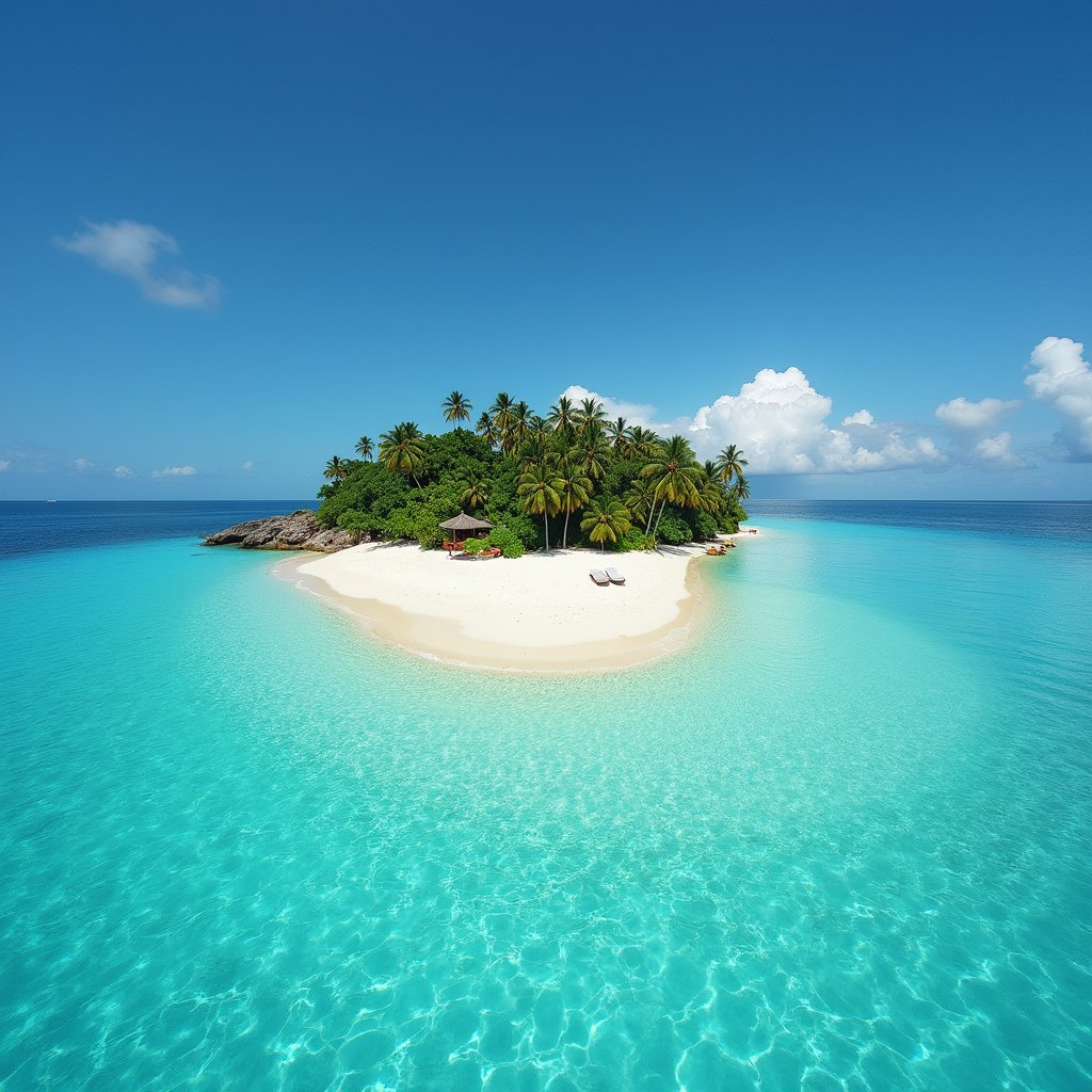 The image depicts a small, tropical island with a white sandy beach surrounded by crystal-clear turquoise waters. The island is covered with lush greenery